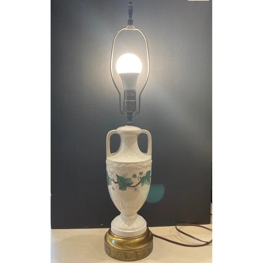Vintage Neoclassical Ceramic Urn Table Lamp with Green Ivy Vine 3 way Working